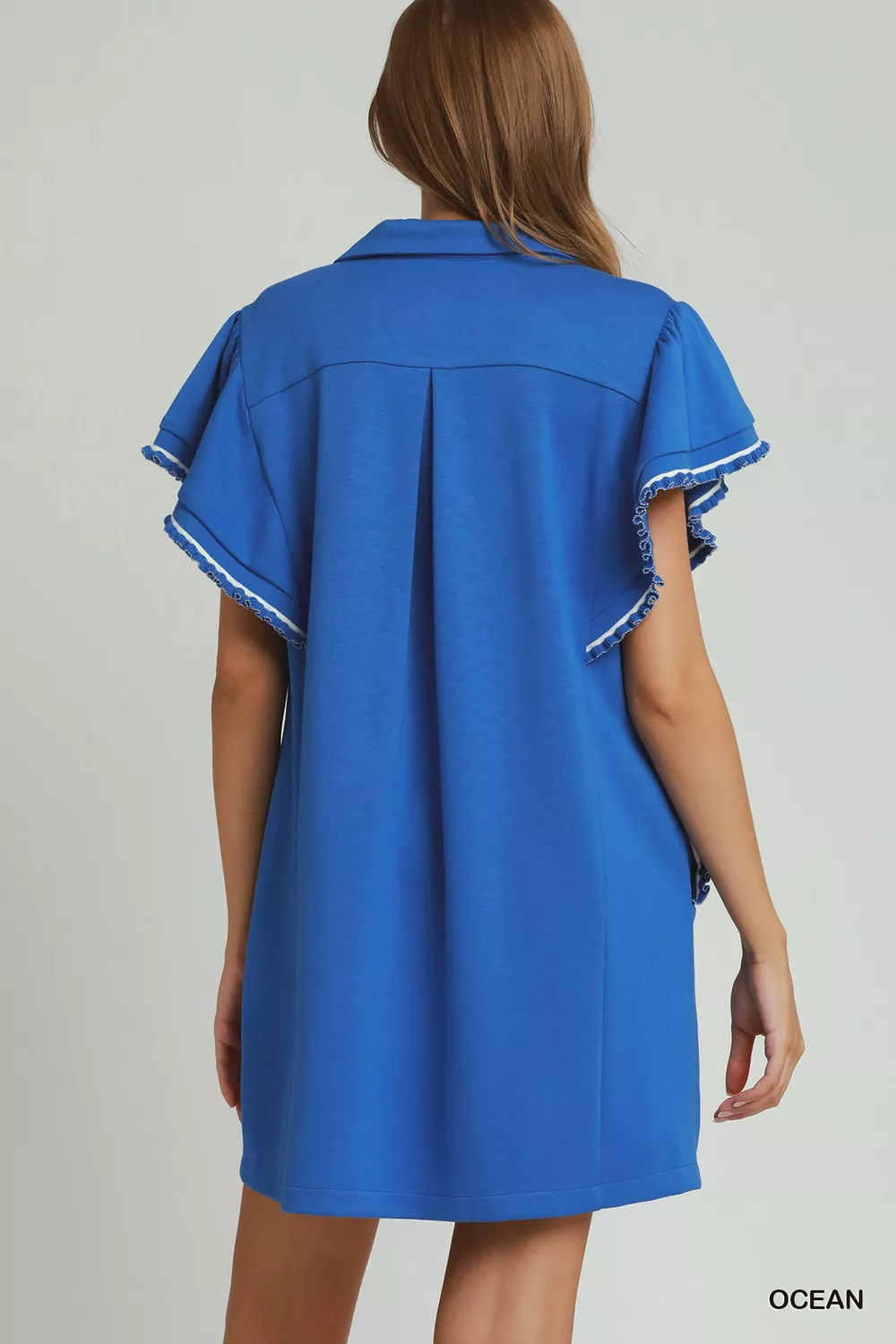 Half Zip Ruffle Rib Band Butterfy Sleeve Mini Dress with Pockets, image 4