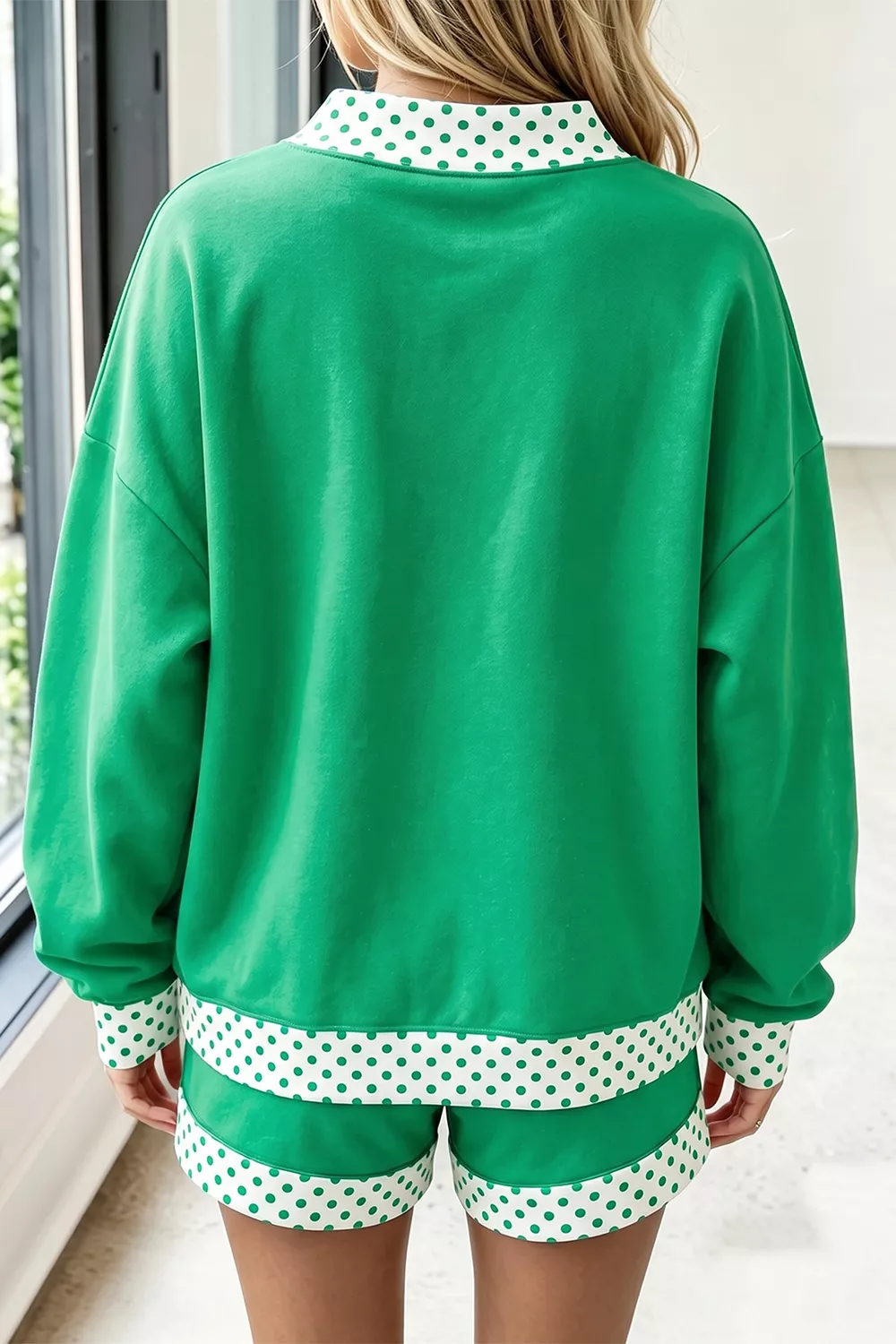 Polka Dot Trim Long Sleeve Sweatshirt and Shorts Set, image 2