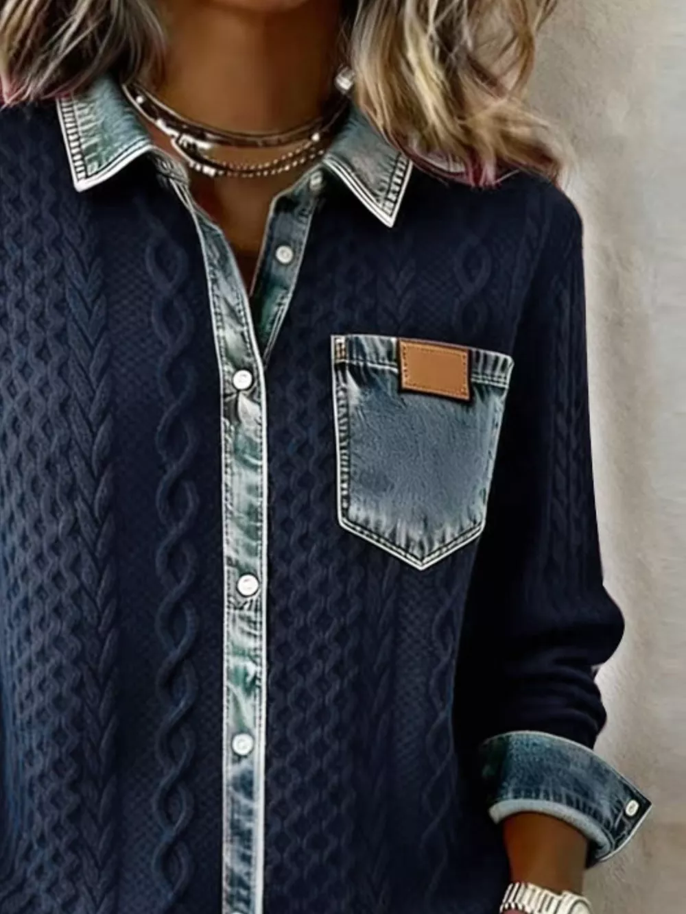 Denim Trim Cable Knit Cardigan, image 5