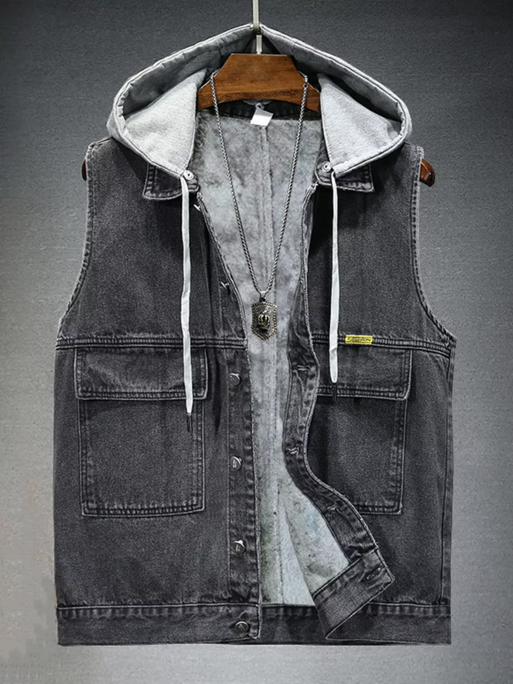 Men's Plus Size Hooded Denim Vest with Fleece Lining