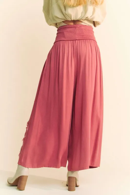 Smocked Waist Flower Patch Wide Leg Pants, image 2