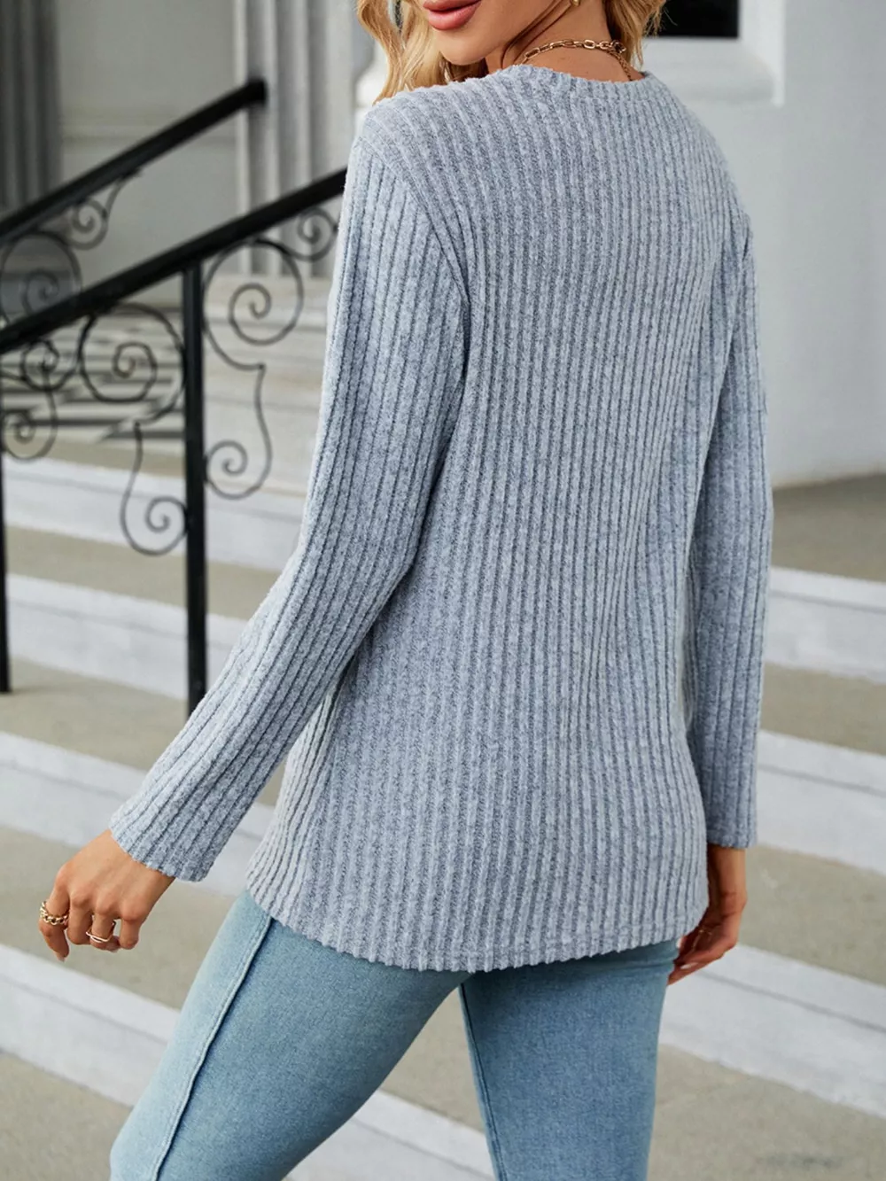 Ribbed Knit Decor Button T-Shirt, image 5