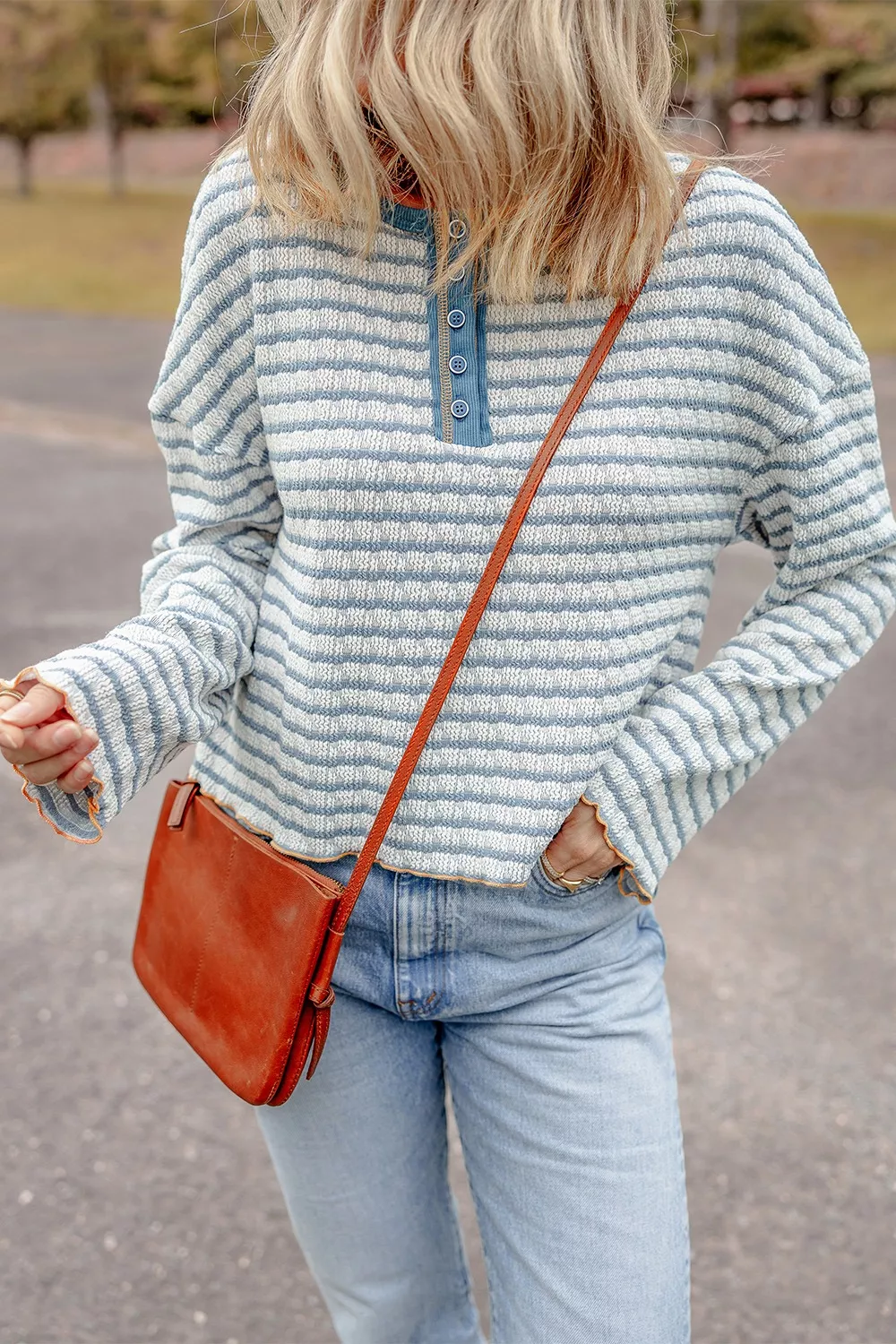 Striped Textured Knit Button Detail Top, image 2