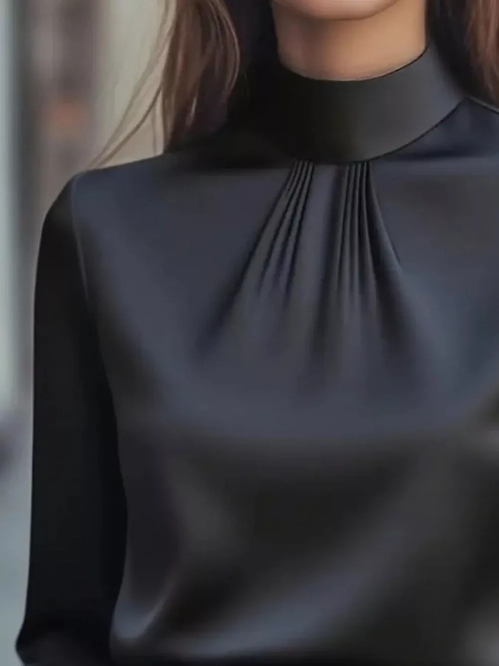 Mock Neck Long Sleeve Blouse with Pleated Detail, image 2
