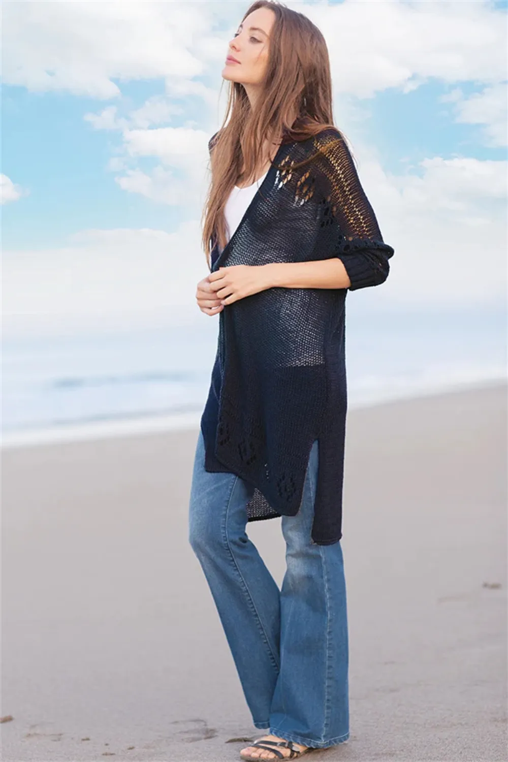 Openwork Side Slit Open Front Long Sleeve Cardigan, image 17