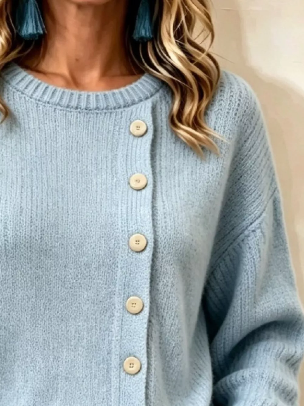 Decorative Button Round Neck Sweater, image 2