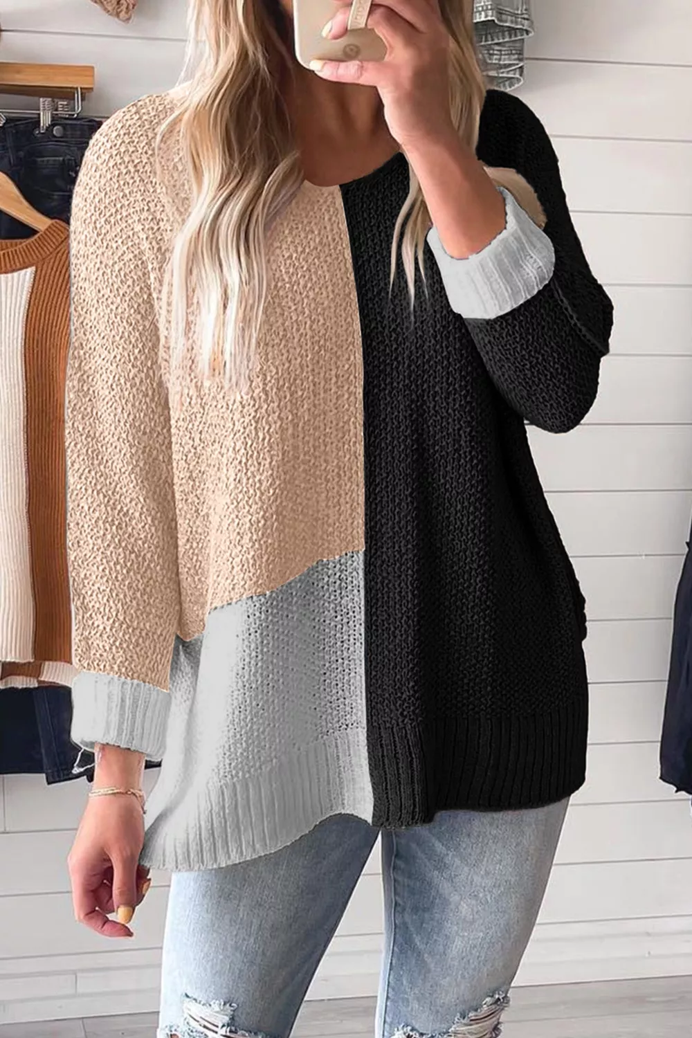 Color Block Knit V Neck Loose Sweater, image 5