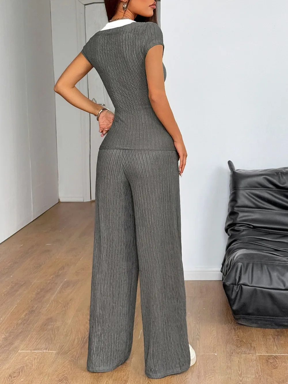 Textured Short Sleeve Top and Pants Set, image 5