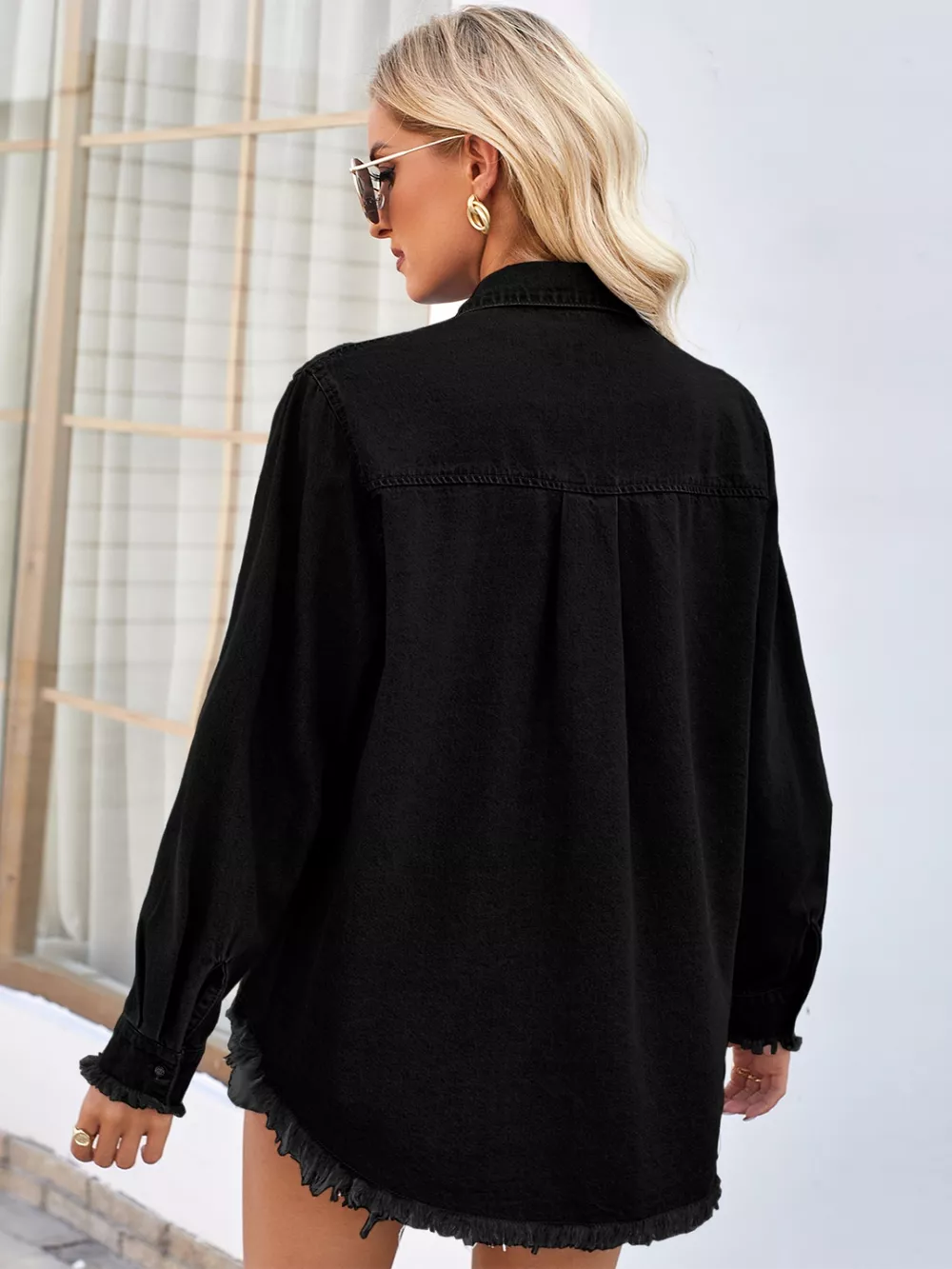 Raw Hem Button Up Long Sleeve Denim Jacket with Sequin Pockets, image 9