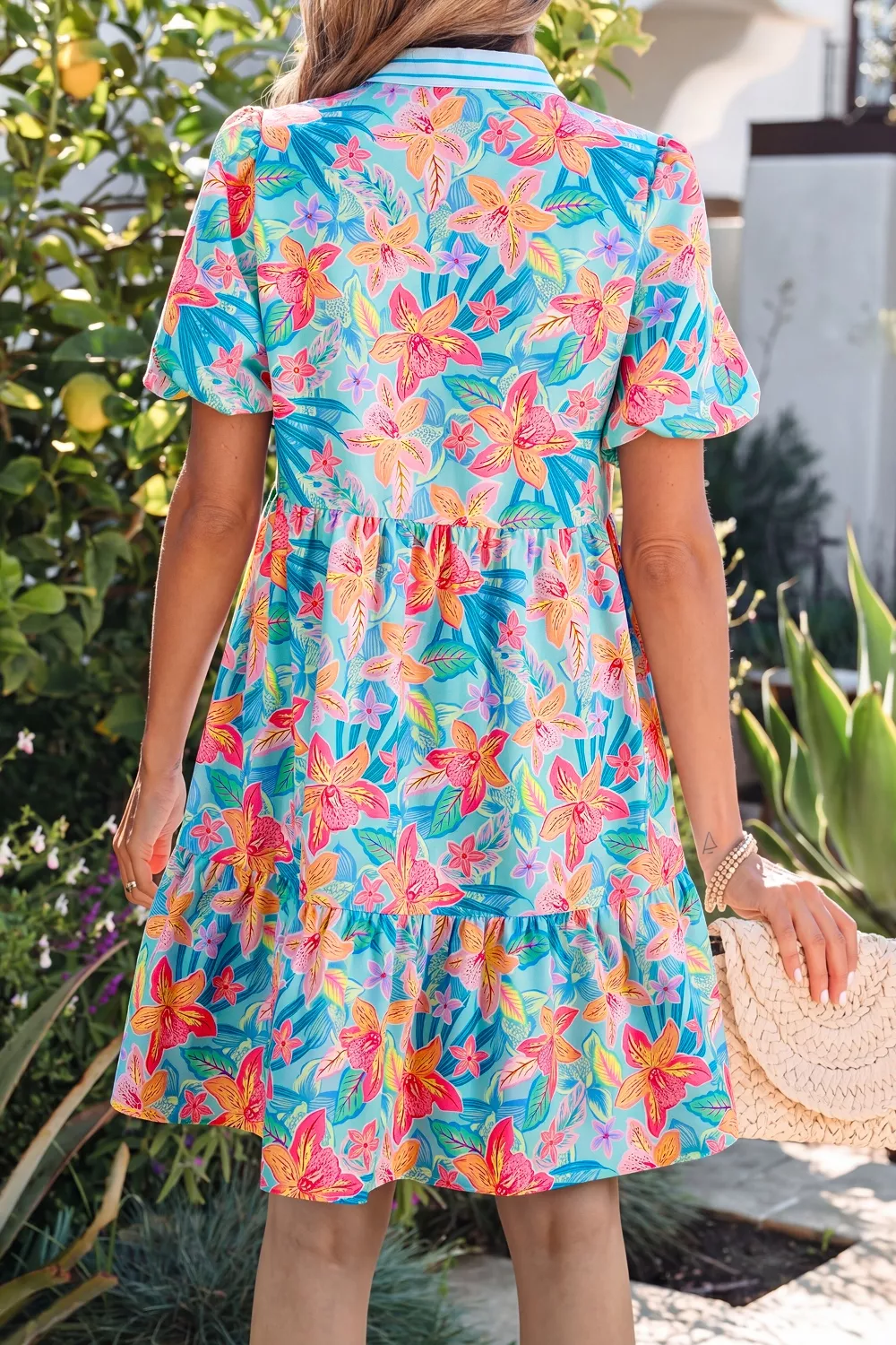 Floral Print Contrast Scallop Striped Trim V Neck Dress, image 2
