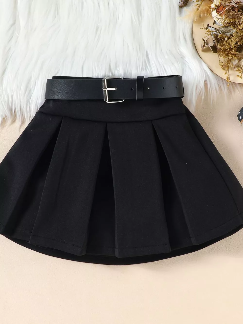 Children's Ruffle Sleeve Top & Pleated Skirt Set with Hat and Belt, image 6