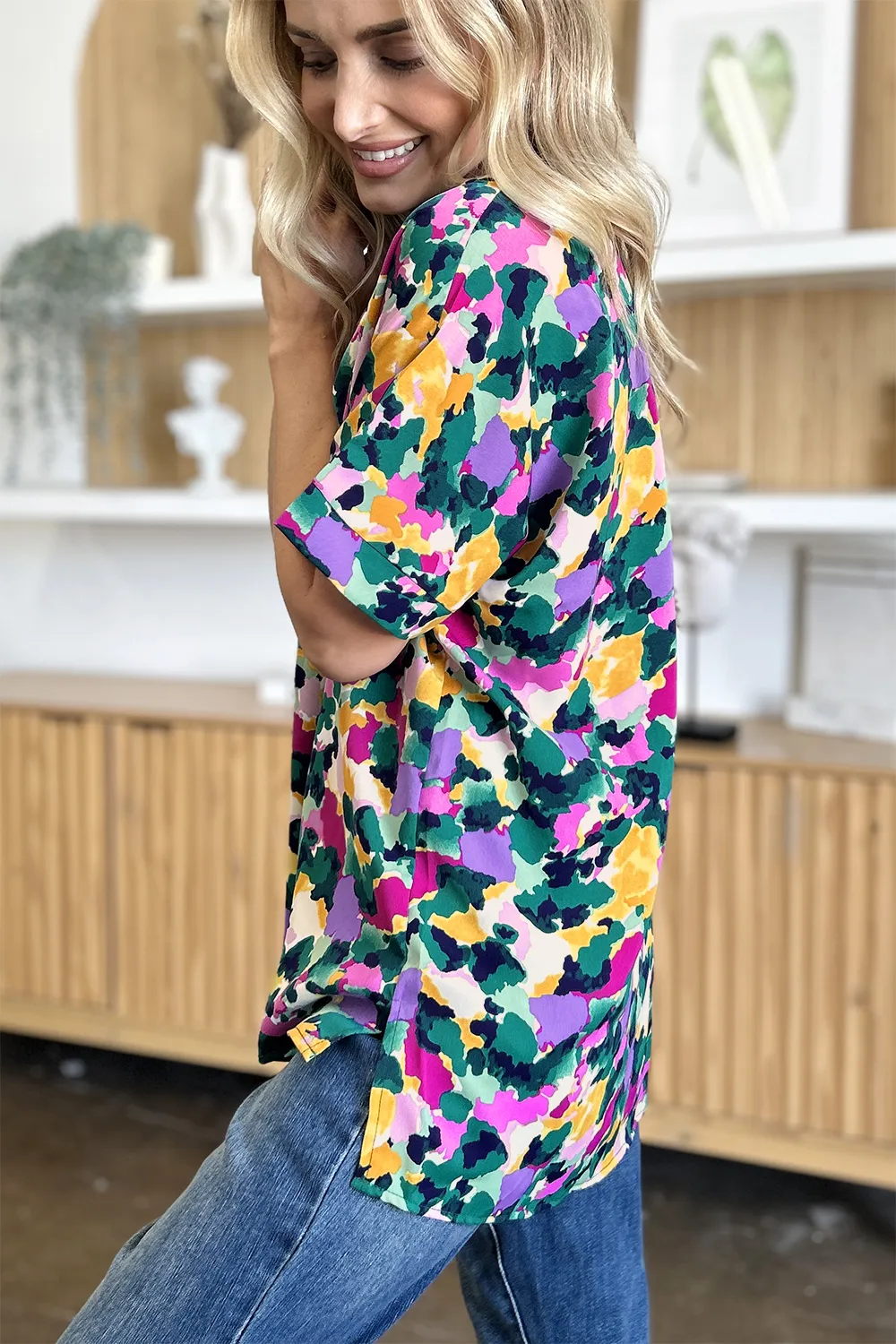 Full Size Printed V-Neck Short Sleeve Side Slit Top, image 9