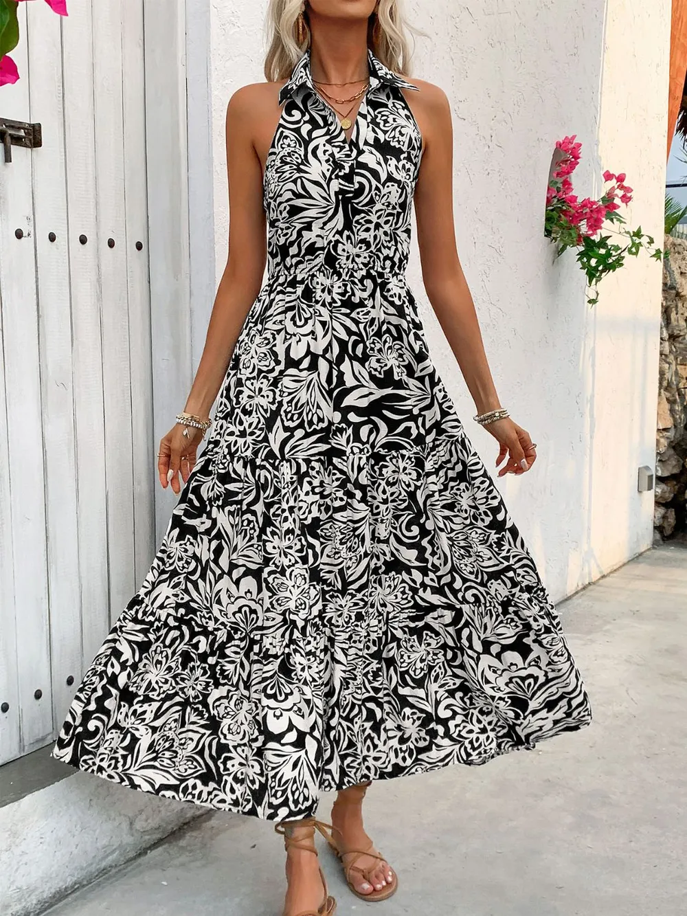 Backless Smocked Printed Sleeveless Midi Dress, image 4