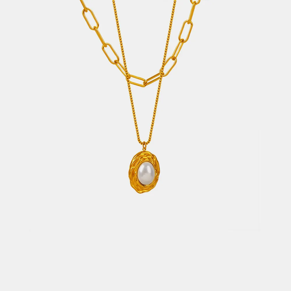 Inlaid Pearl Double-Layered Titanium Steel Necklace, image 2
