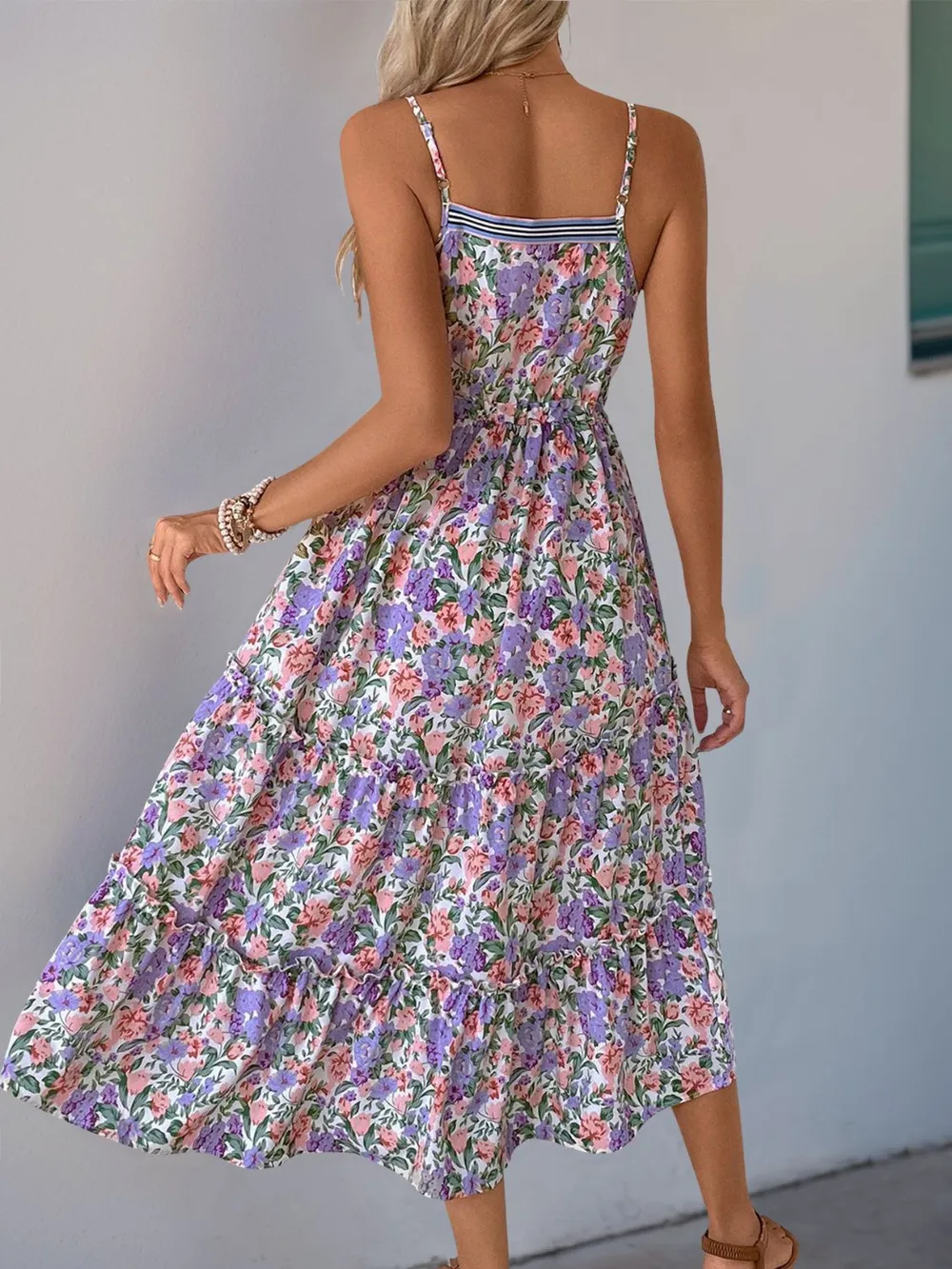 Decor Button Printed Sleeveless Tiered Midi Dress, image 3