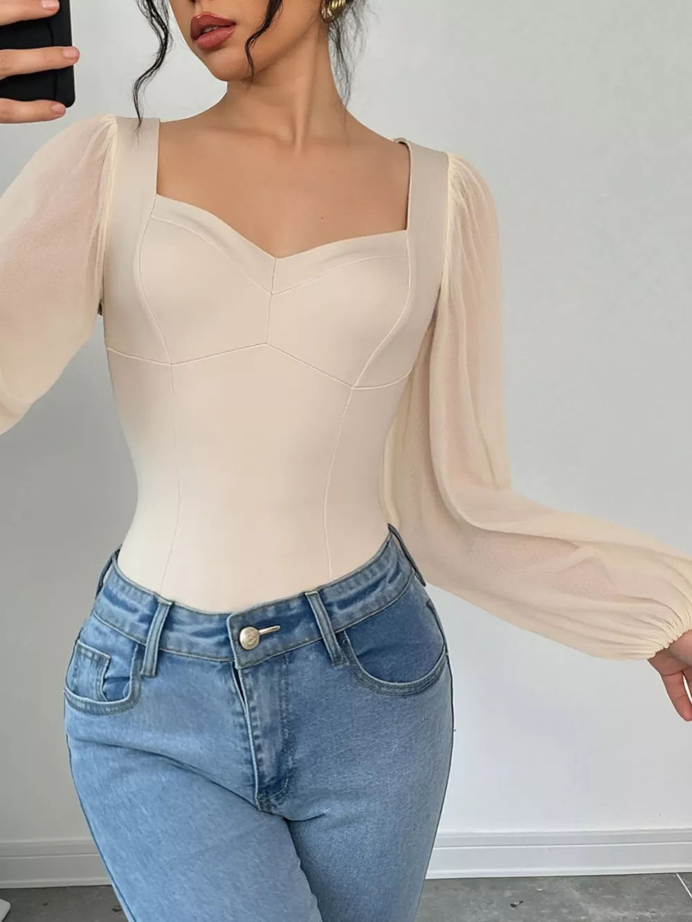 Sweetheart Neck Balloon Sleeve Bodysuit, image 4