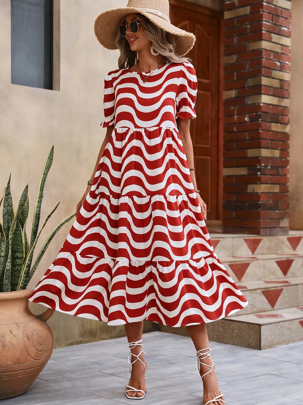 Wavy Striped Round Neck Short Sleeve Dress, image 9