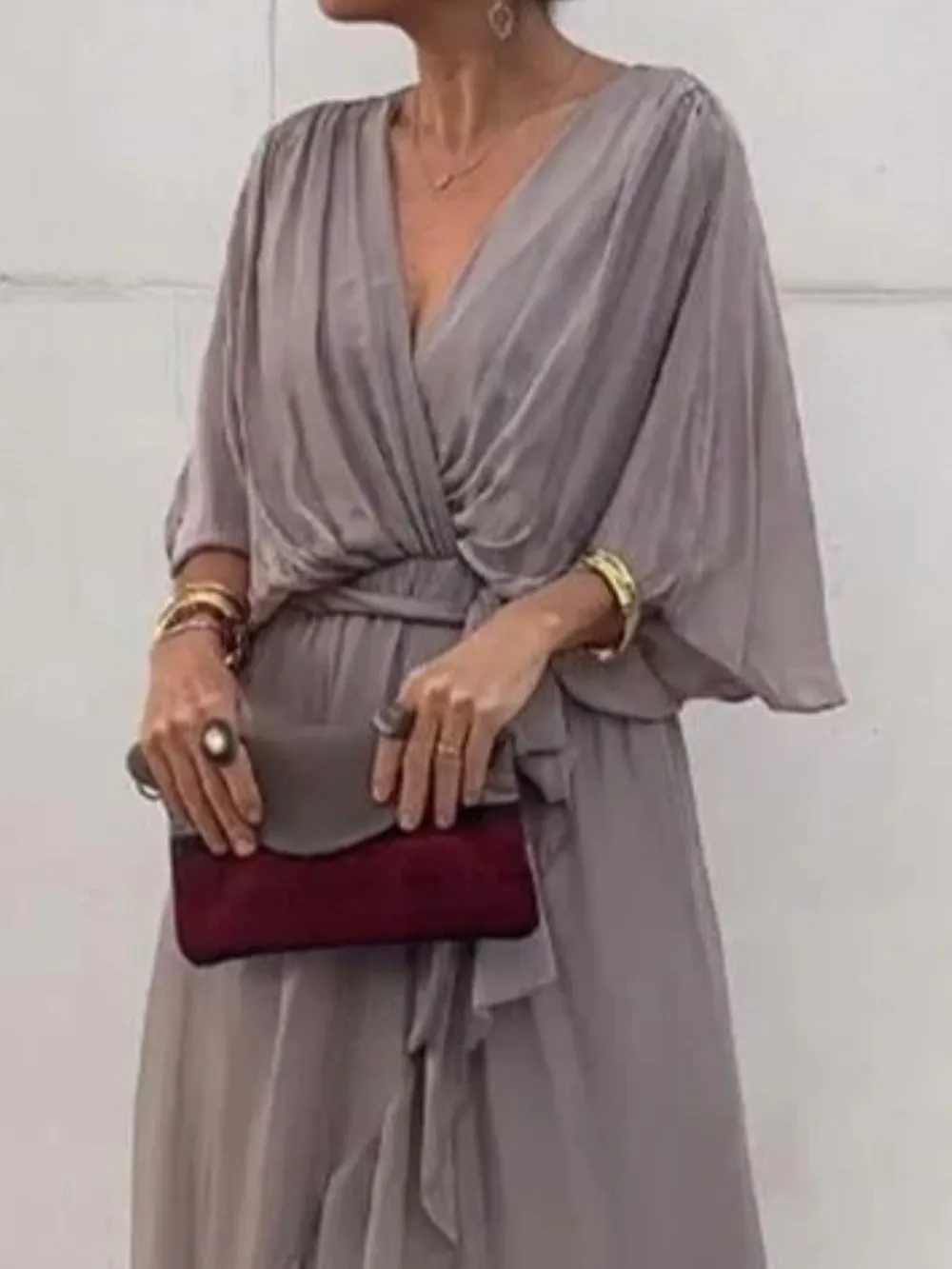 Full Size Flowy Tie Front Midi Dress with Flutter Sleeves Plus Size, image 6