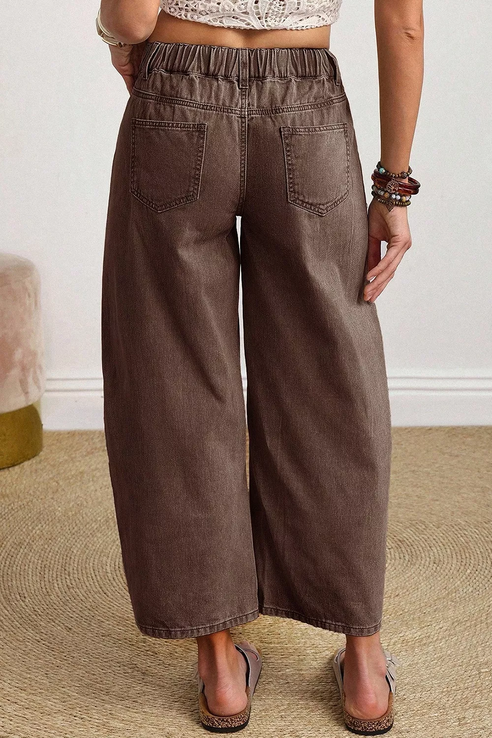 Solid Color Square Patch Pocket Ankle-length Barrel Jeans, image 5