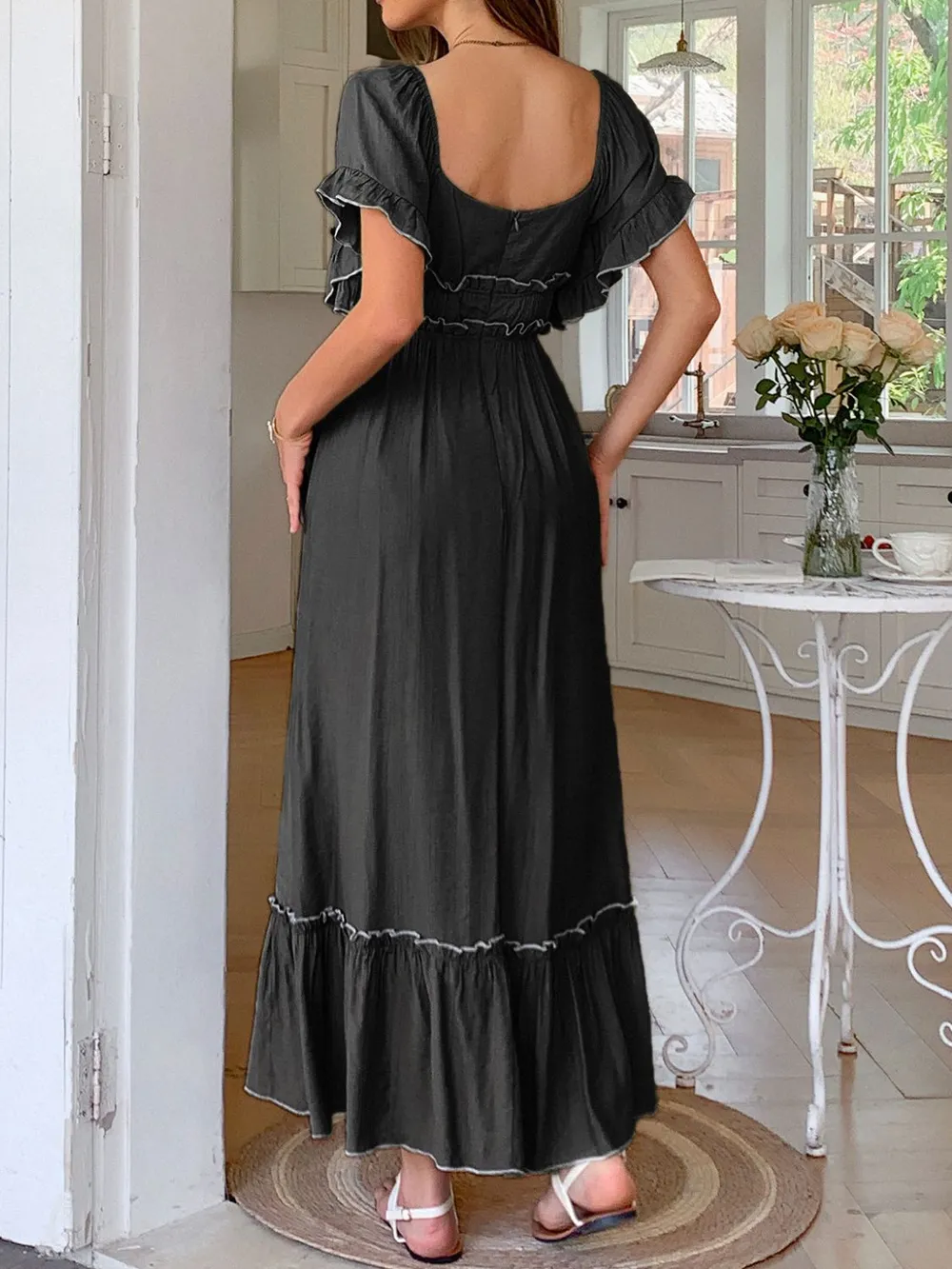Square Neck Puff Sleeve Ruffle Trim Maxi Dress, image 9