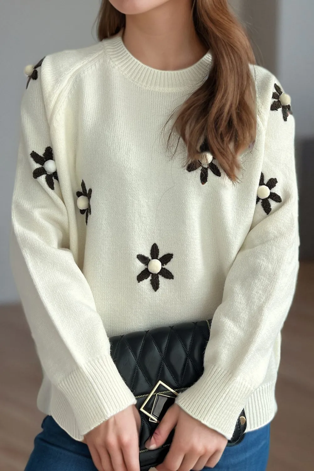 Flower Round Neck Raglan Sleeve Sweater, image 5