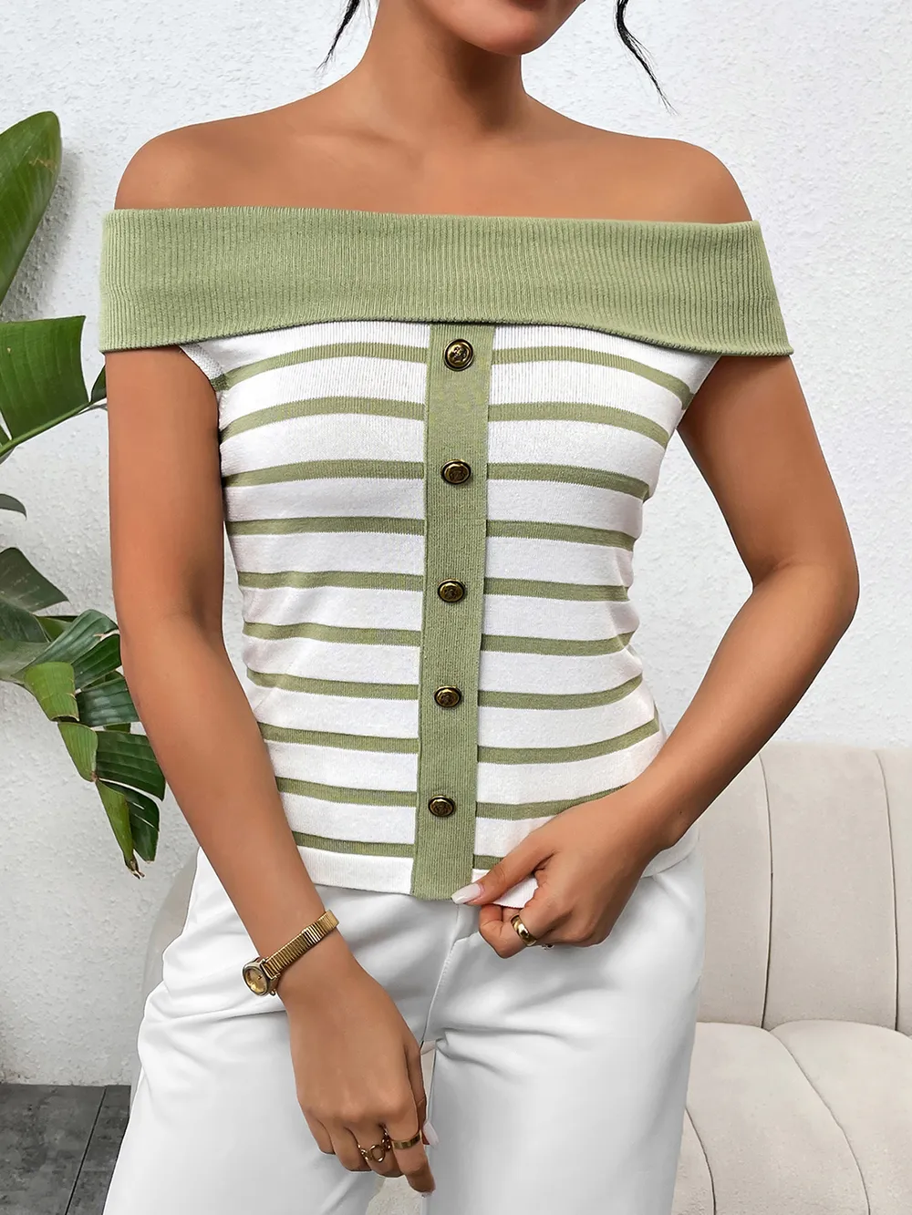 Decorative Button Striped Off-Shoulder Knit Top, image 2