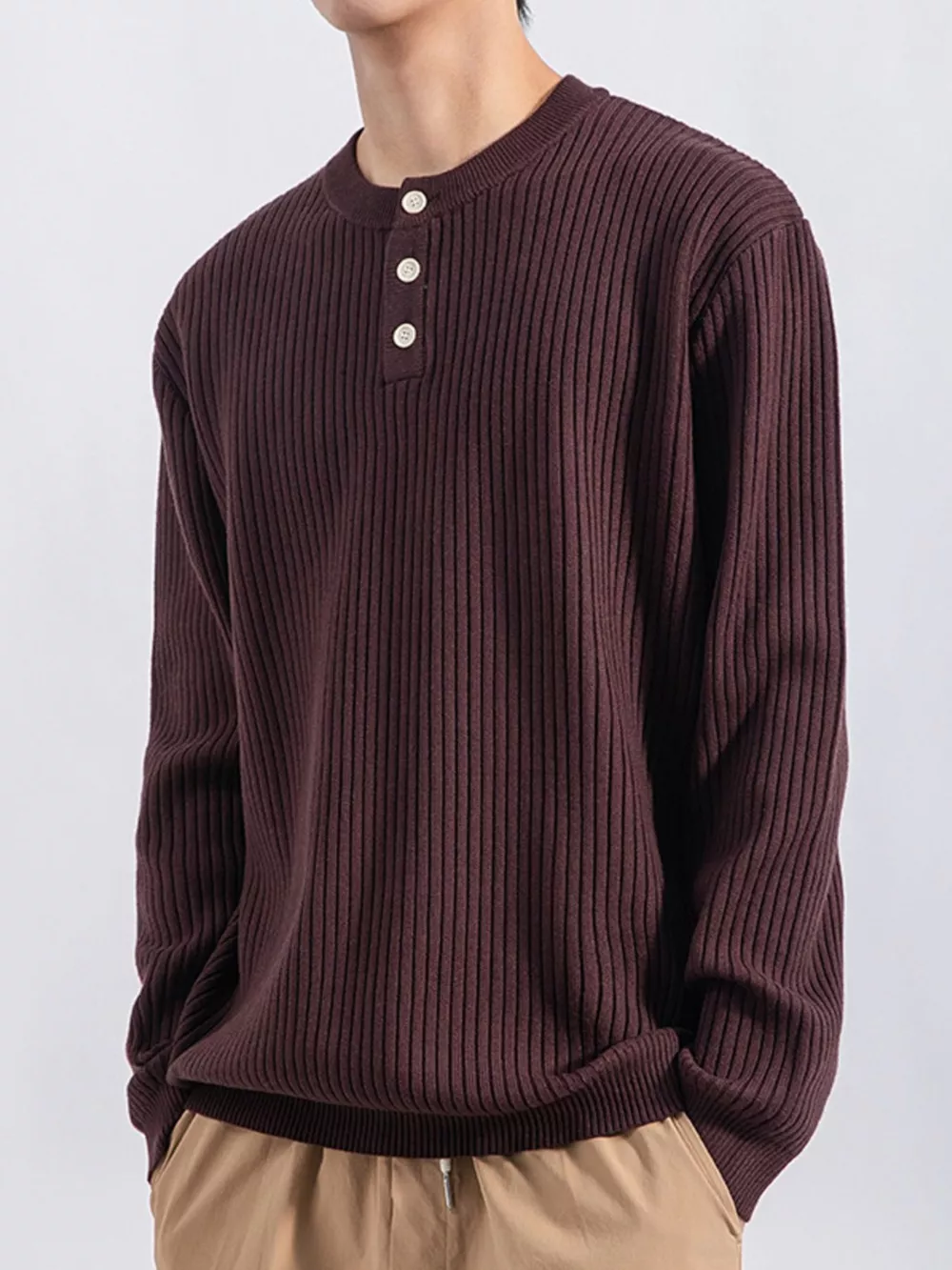 Men's Plus Size Ribbed Button Detail Knit Top, image 3