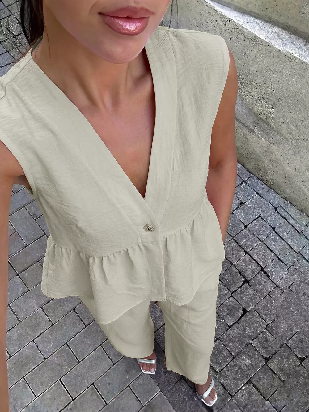 One Button Top and Wide Leg Pants Set, image 8