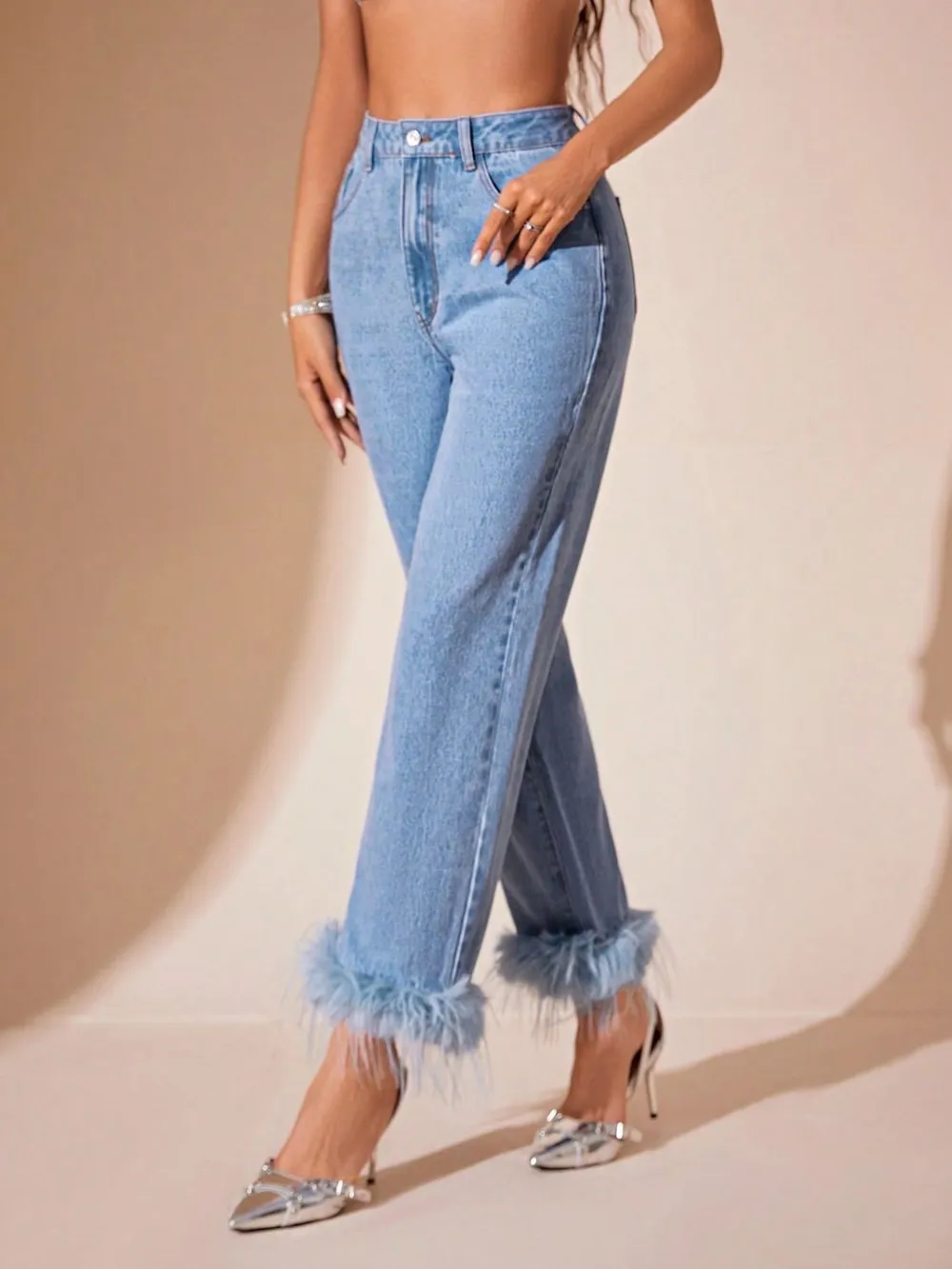 Plush Hem High Rise Straight Jeans, image 4