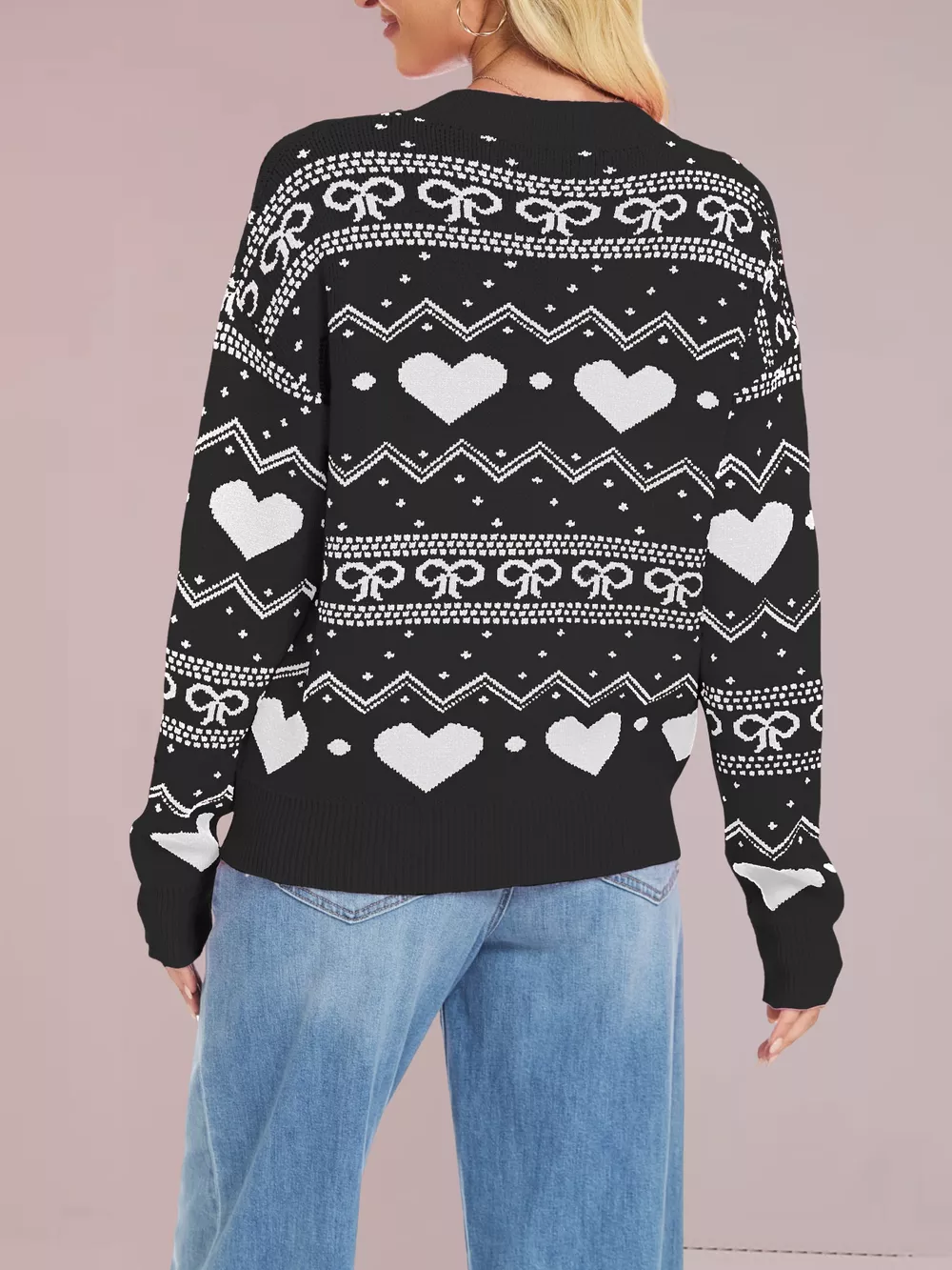 Heart & Bow Pattern Round Neck Sweater, image 18