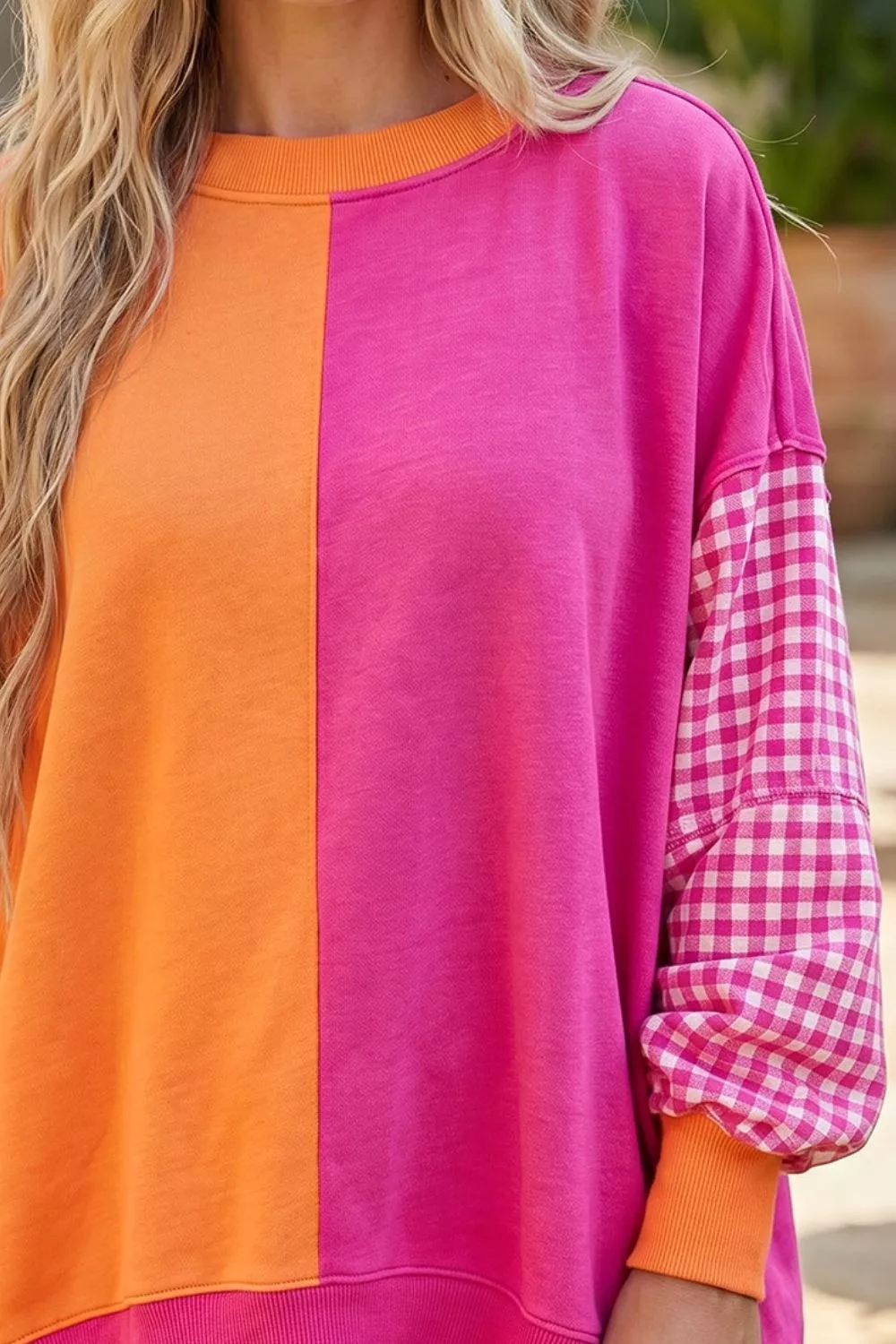 Colorblock Gingham Sleeve Crewneck Sweatshirt, image 4