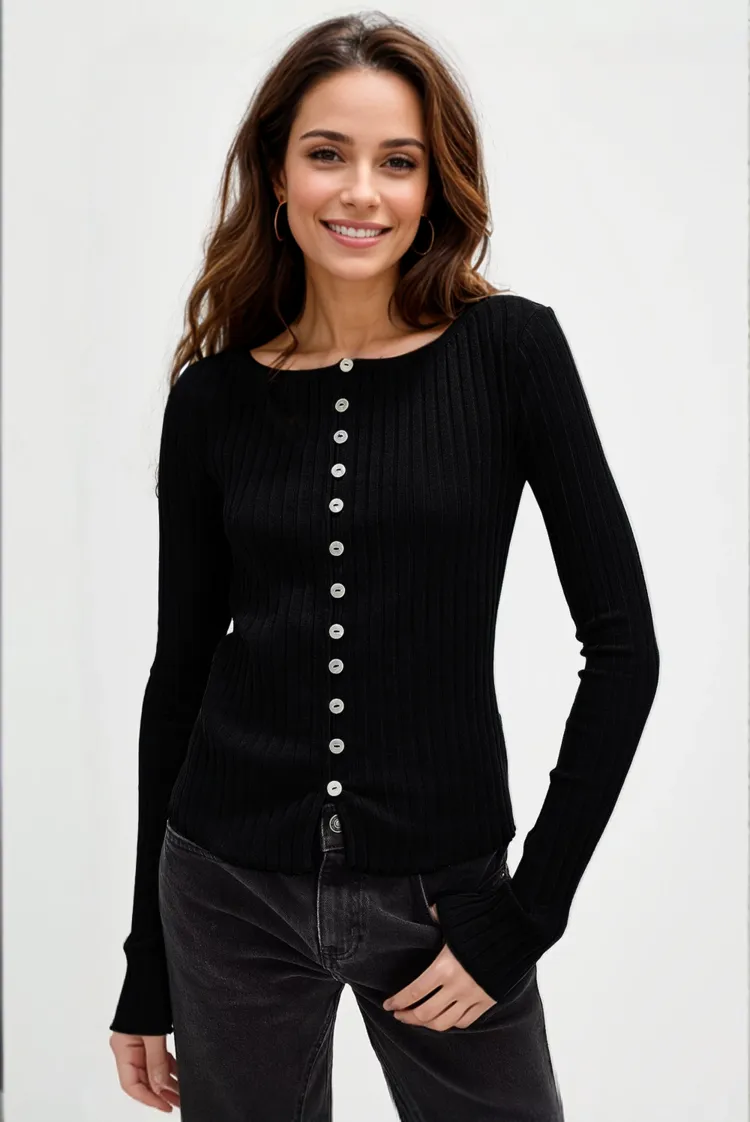 Texture Button Up Round Neck Long Sleeve Top, image 2