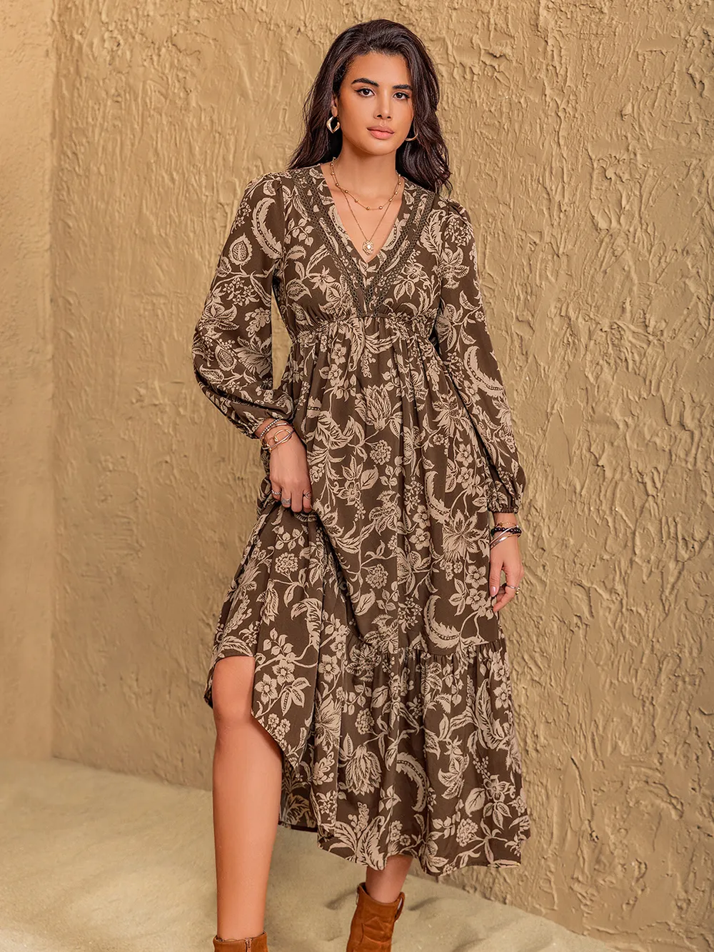 Ruched Printed V-Neck Long Sleeve Midi Dress, image 3