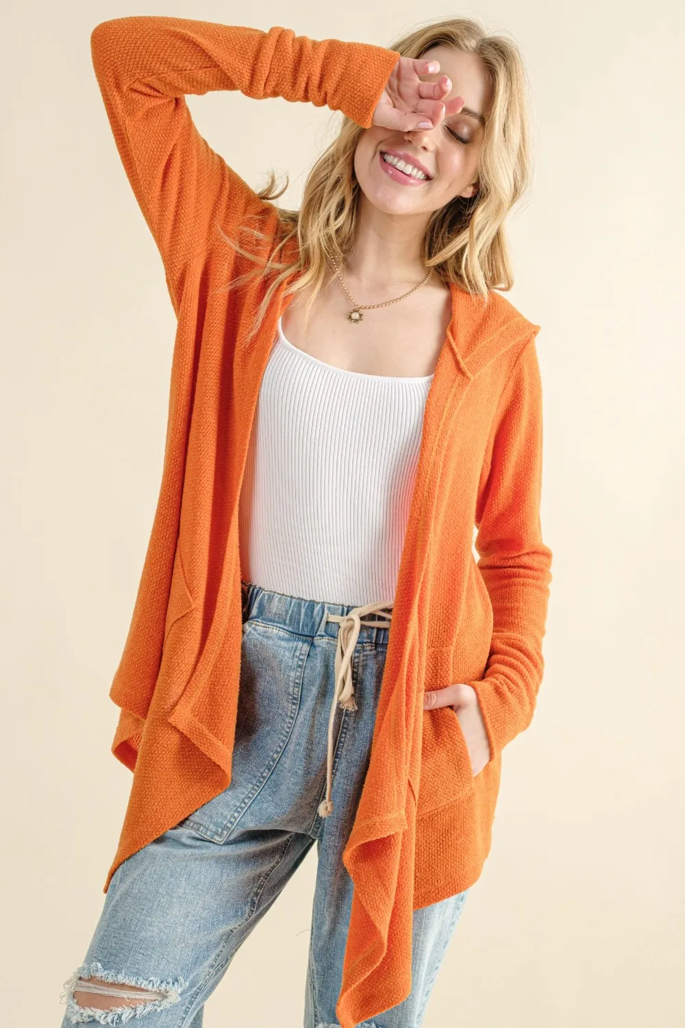 Full Size Thermal Hooded Open Front Cardigan with Pockets, image 2