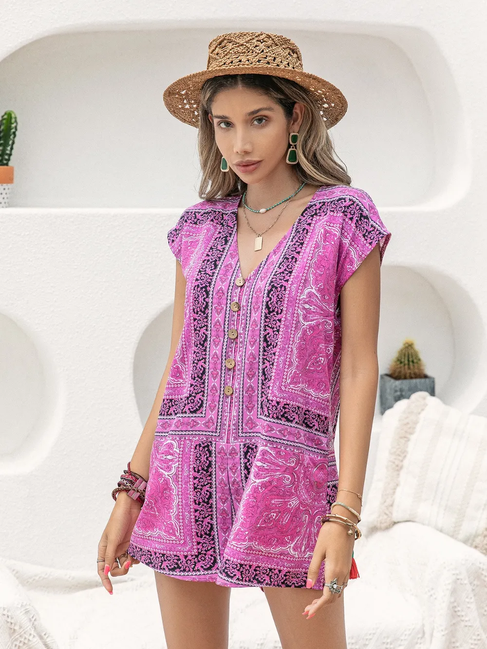 Printed V-Neck Cap Sleeve Romper, image 7
