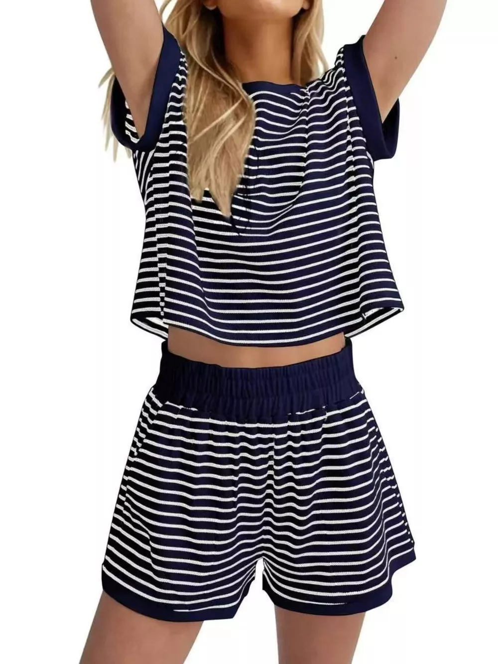 Full Size Striped Round Neck Top and Shorts Set Plus Size, image 8