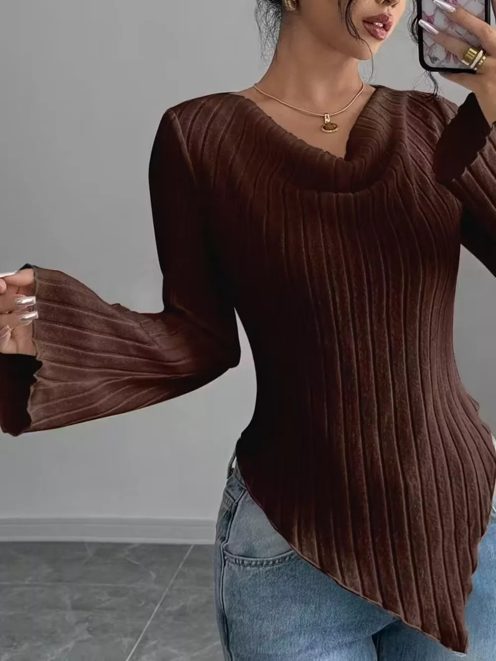 Cowl Neck Ribbed Knit Top, image 5