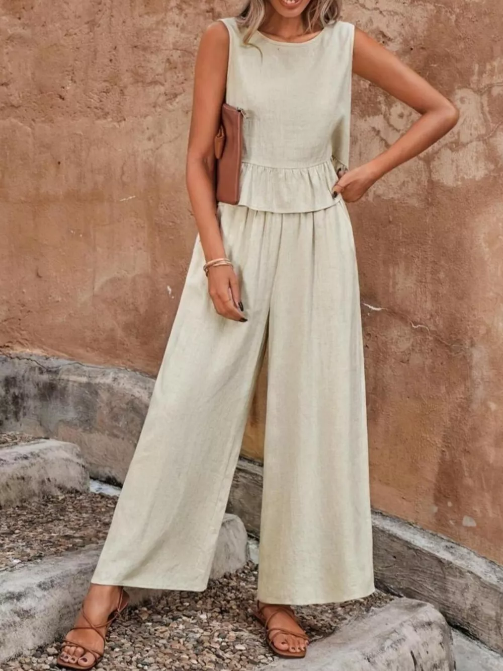 Sleeveless Ruffle Hem Top and Wide Leg Pants Two-Piece Set, image 2