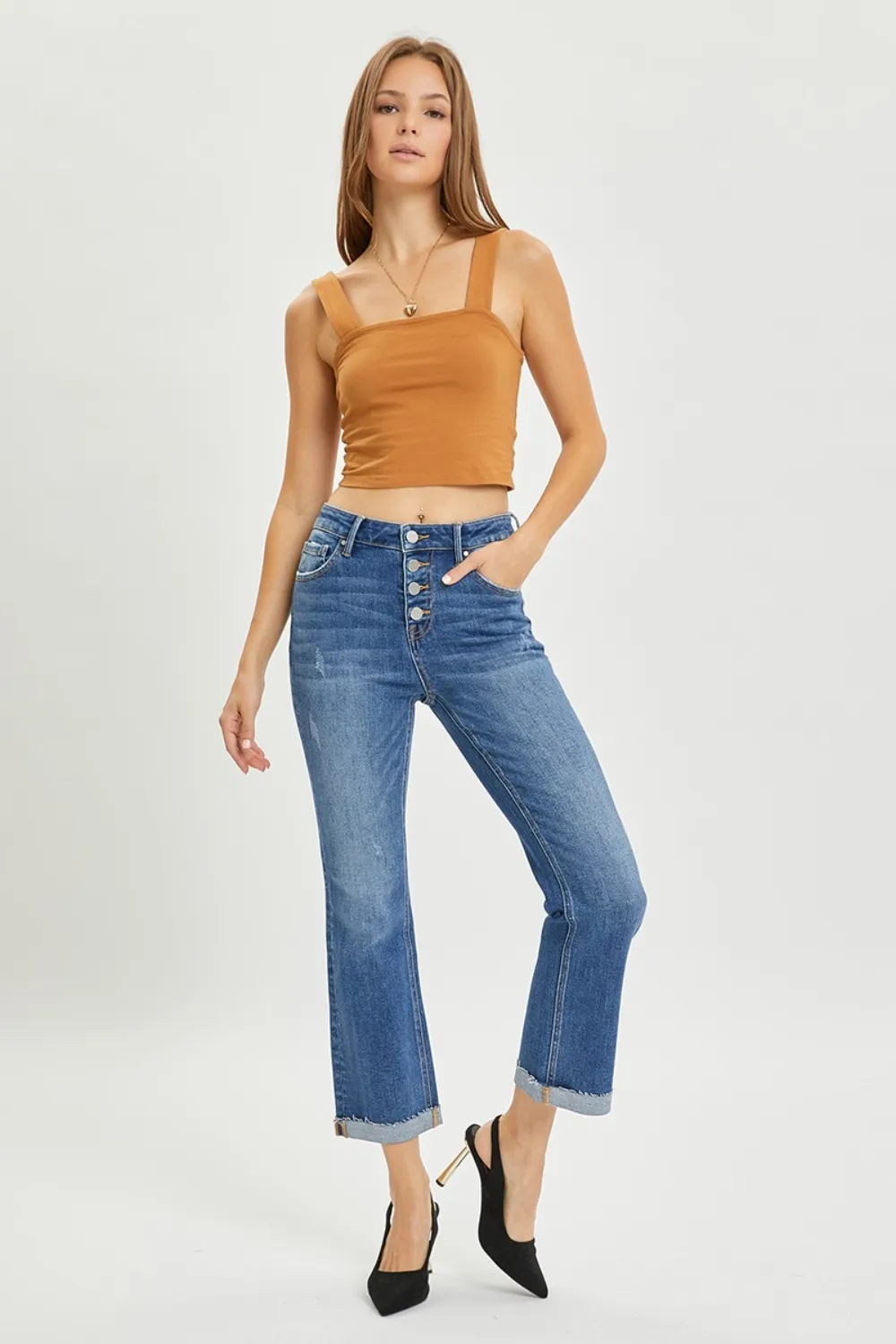 Full Size Button Fly Cropped Bootcut Jeans, image 7