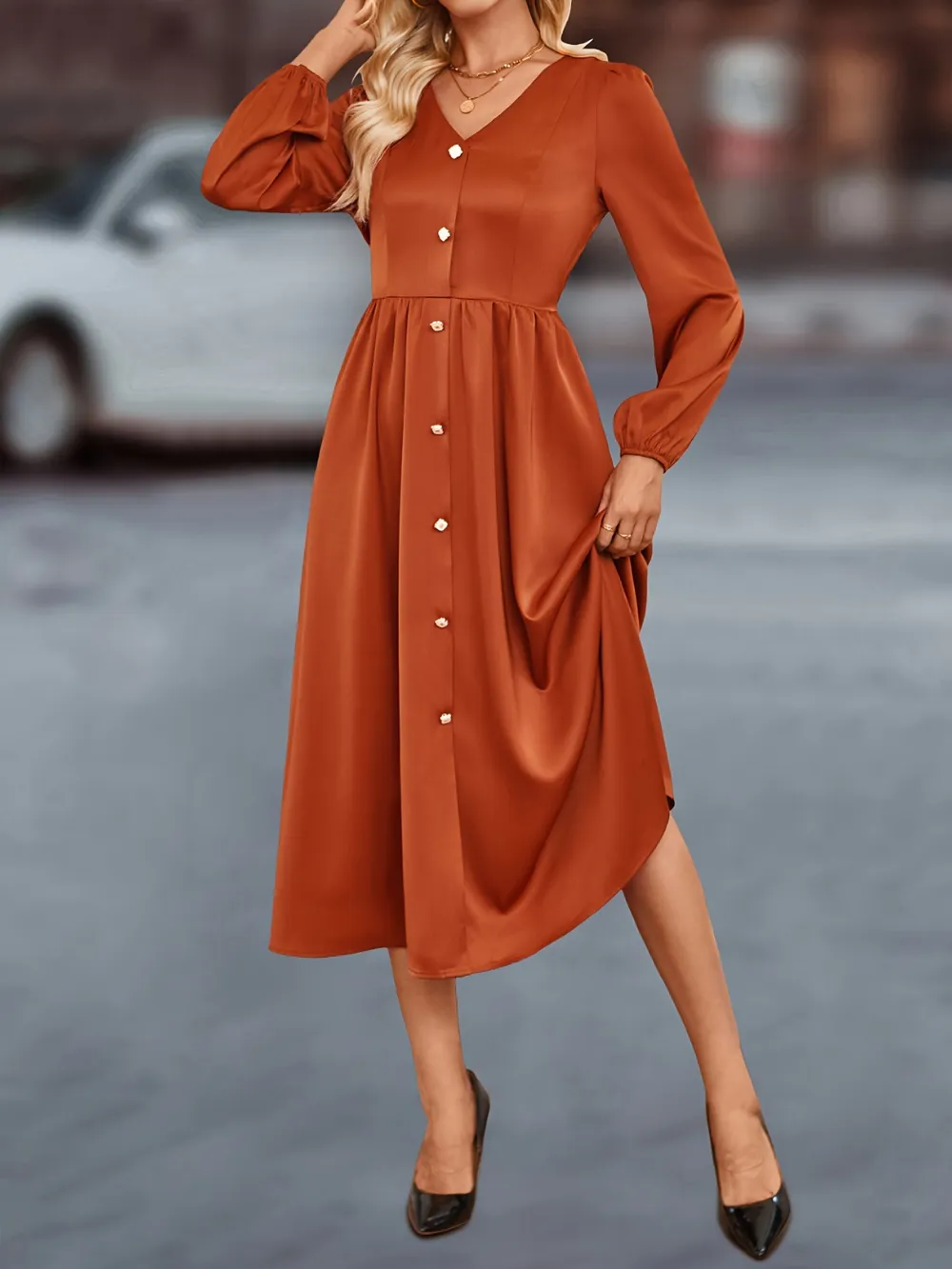 V-Neck Balloon Sleeve Midi Dress, image 3