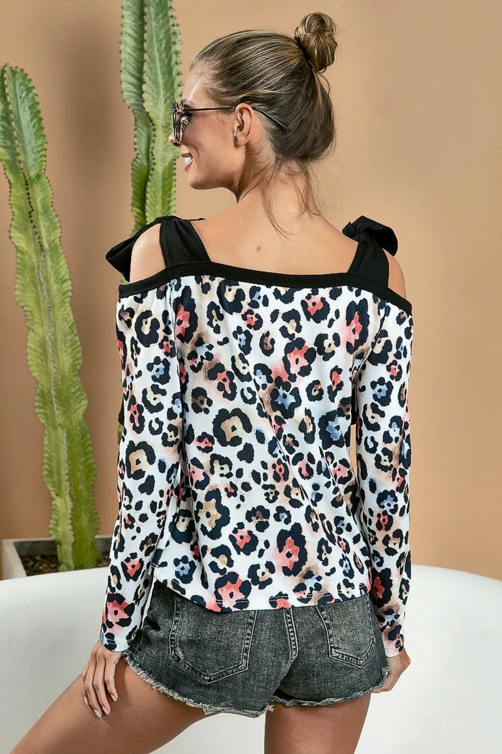 Leopard Shoulder Tie Long Sleeve Top, image 2