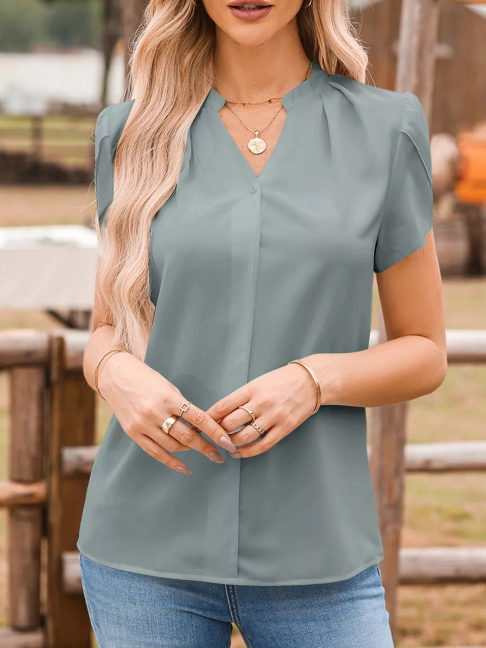 Notched Neckline Petal Sleeve Blouse, image 6
