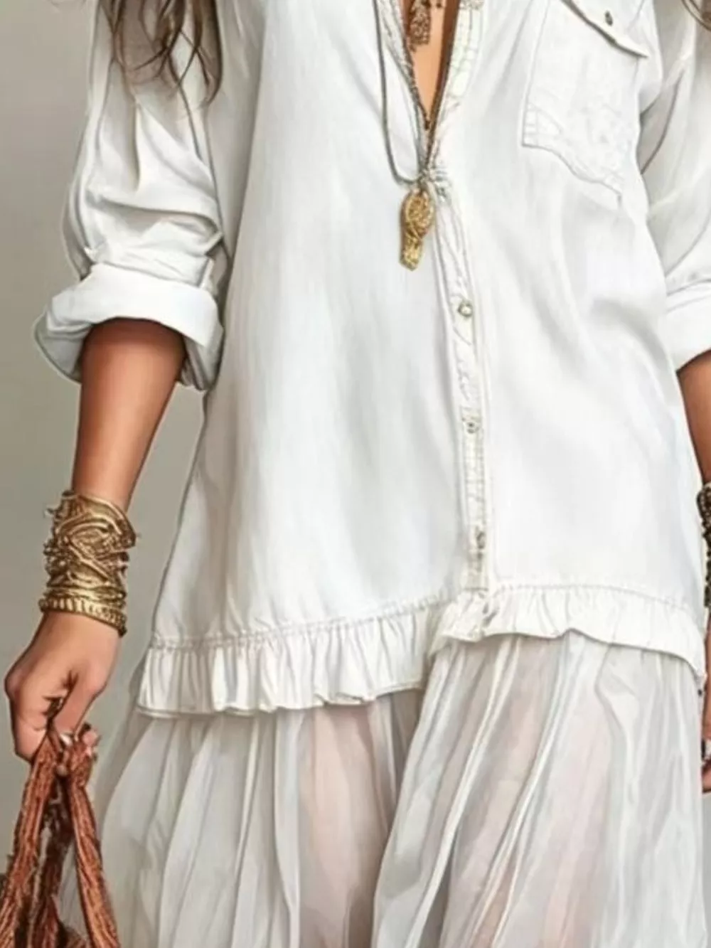 Full Size Tiered Long Sleeve Denim Shirt Maxi Dress Plus Size, image 16