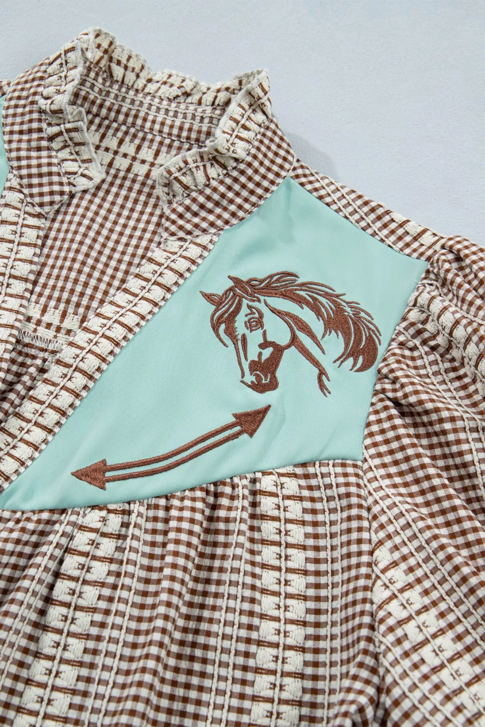 Western Pony Embroidered Yoke Puff Sleeve Gingham Blouse, image 6