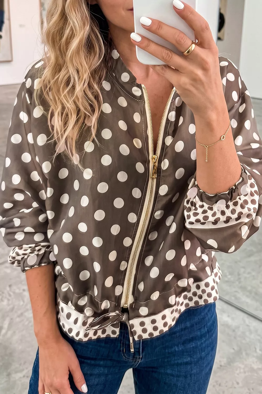 Polka Dot Contrast Detail Zip-Up Long Sleeve Shacket