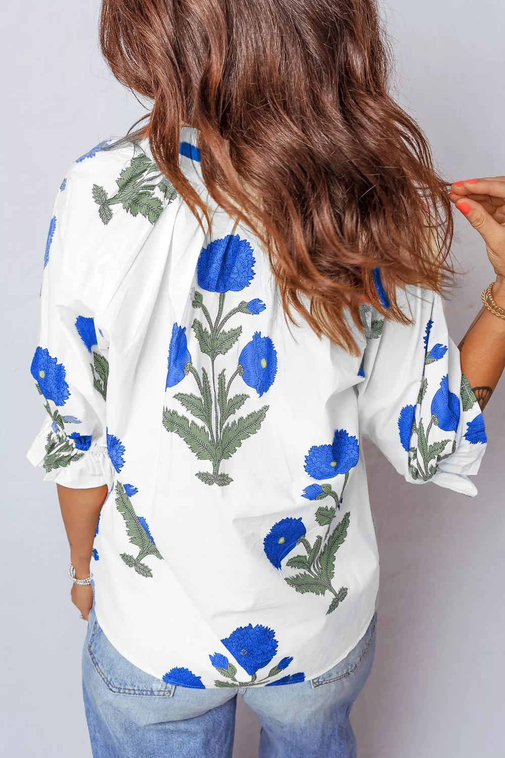 Floral Print Notched Ruffled Sleeve Blouse, image 11