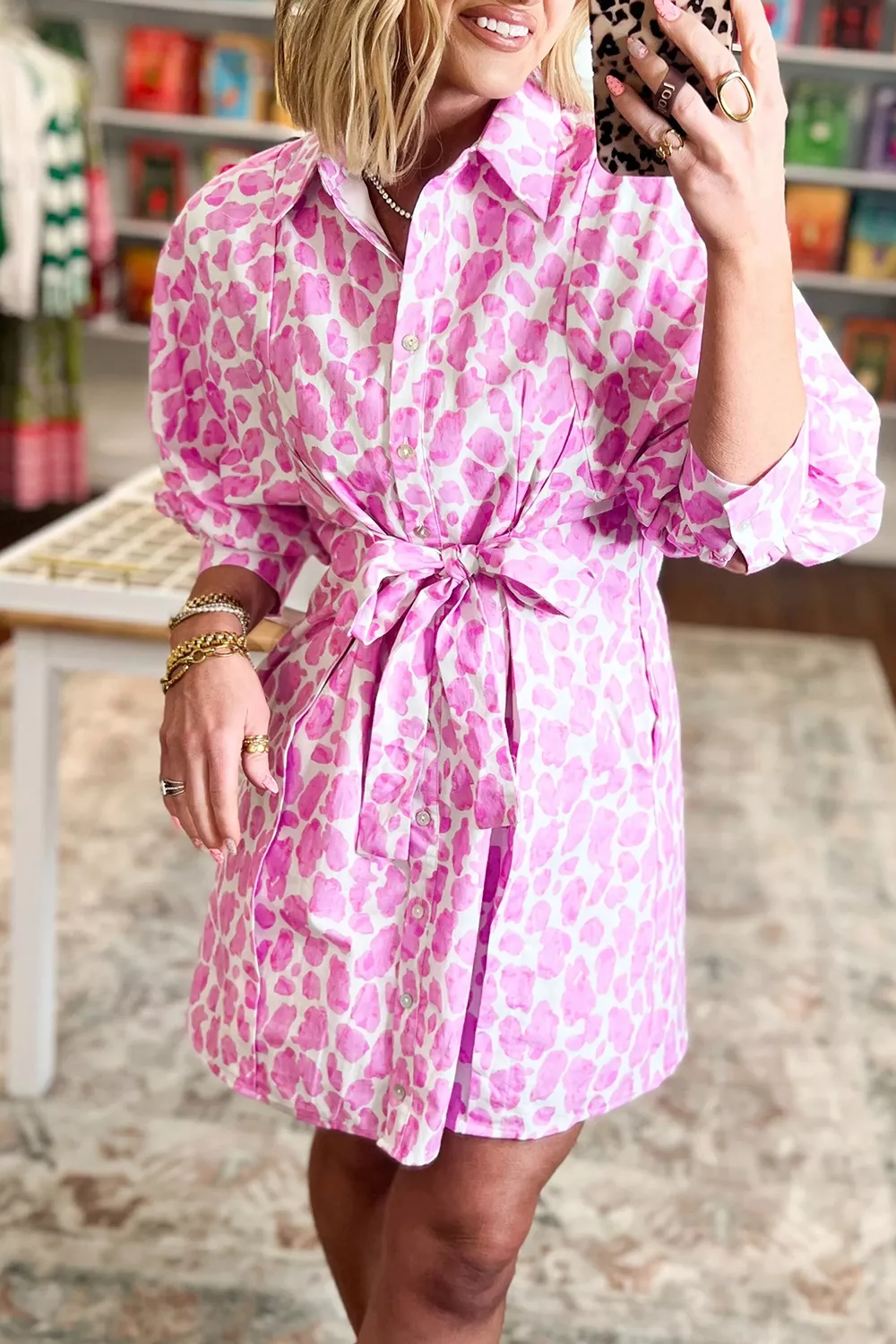 Abstract Leopard Print Tie Waist Puff Sleeve Mini Shirt Dress, image 3