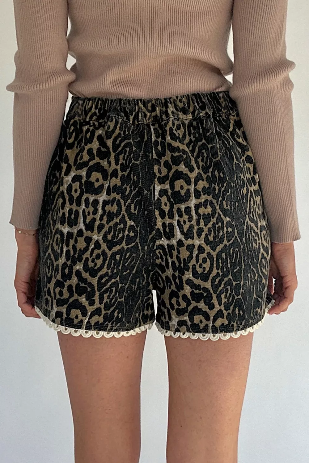 Lace Trim Leopard Denim Shorts, image 2