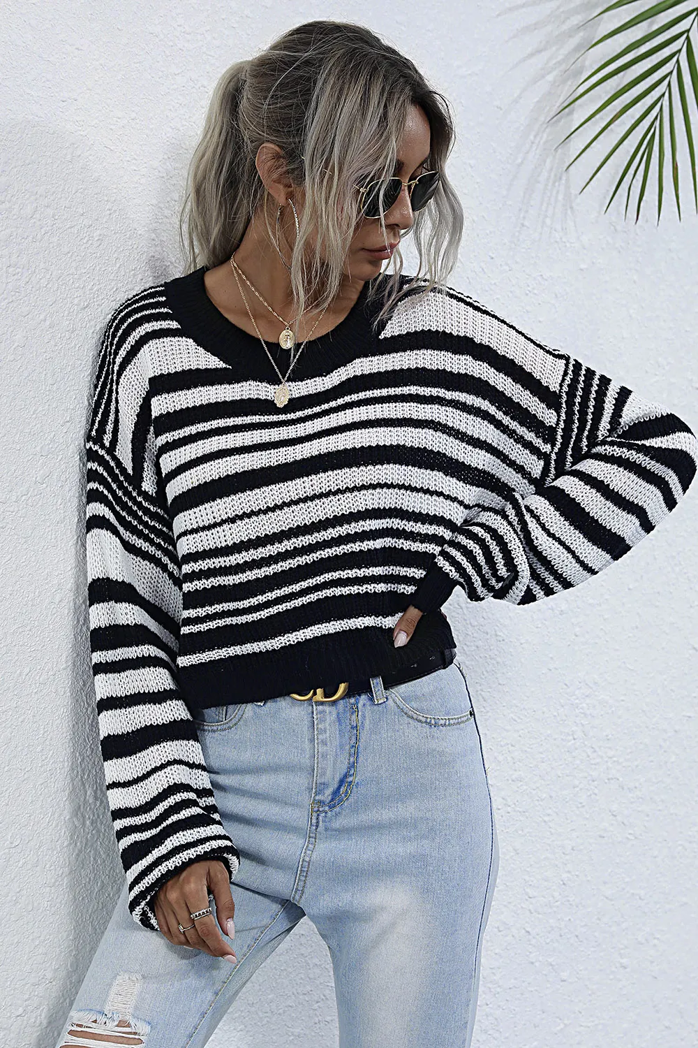 Striped Round Neck Dropped Shoulder Sweater, image 3