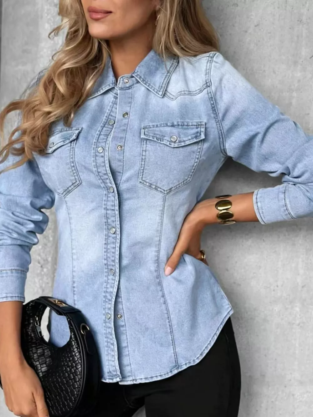 Snap Down Slim-Fit Denim Shirt, image 3
